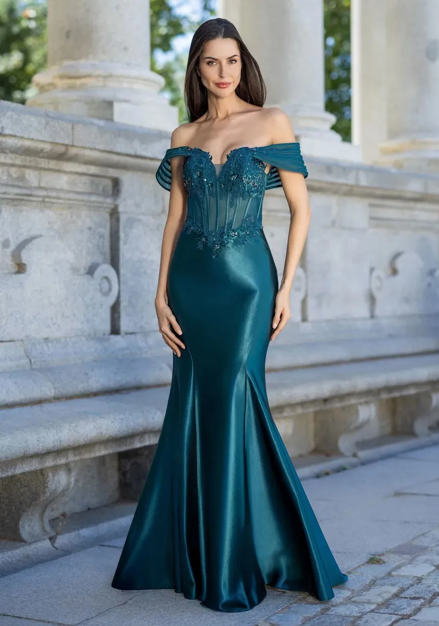 Deep teal off-shoulder fitted evening gown featured for Prom Week at SNOB, Eccleshall
