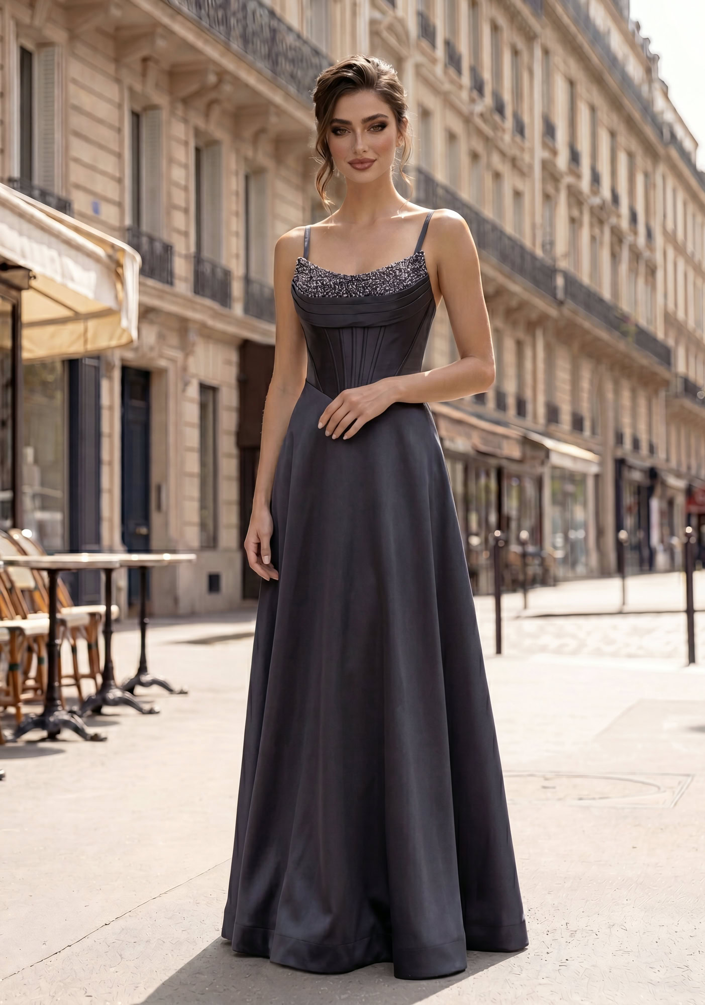 Woman wearing Style 1208 Phantom Black evening dress