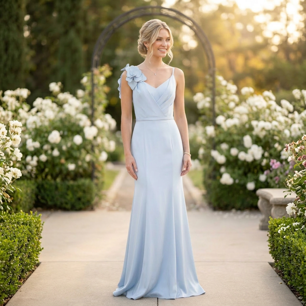 Woman wearing Style 1268 Aqua Blue evening dress