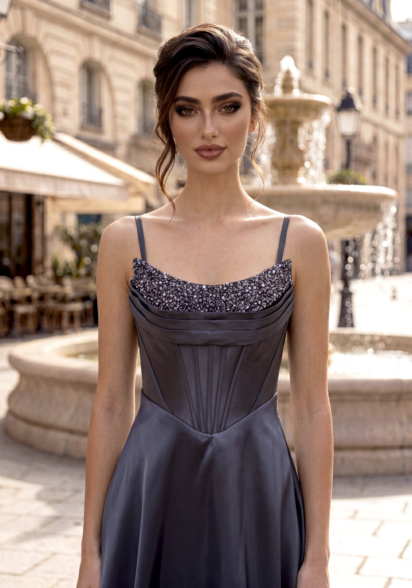 Woman wearing Style 1208 Phantom Black evening dress — bodice detail