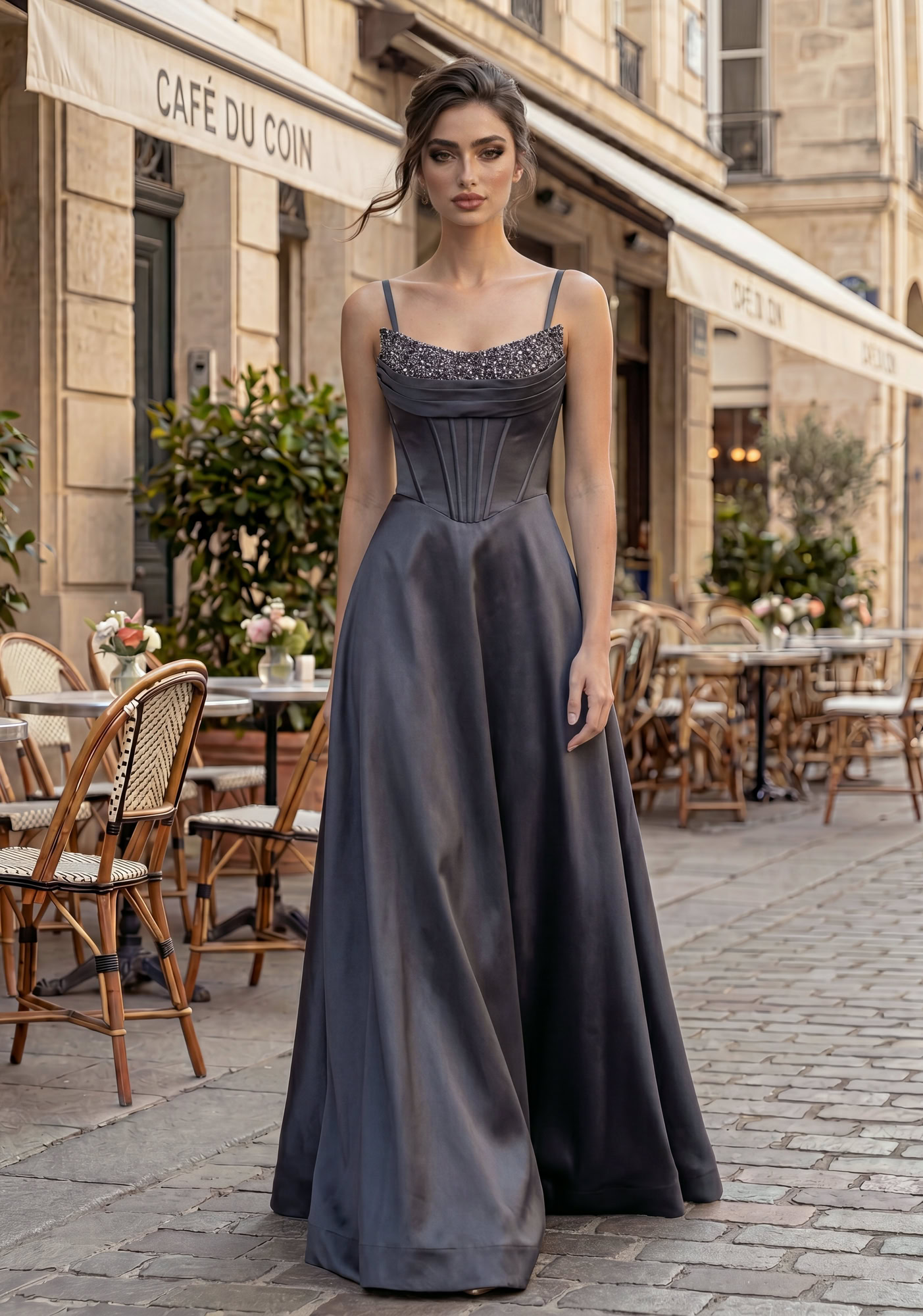 Woman wearing Style 1208 Phantom Black evening dress — full-length view