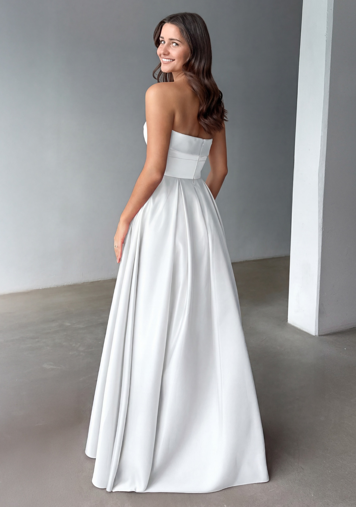 Woman wearing Style 1262 Snow White evening dress — back view