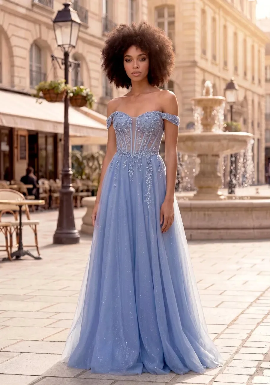Powder blue off-shoulder prom gown featured for Prom Week at SNOB, Eccleshall