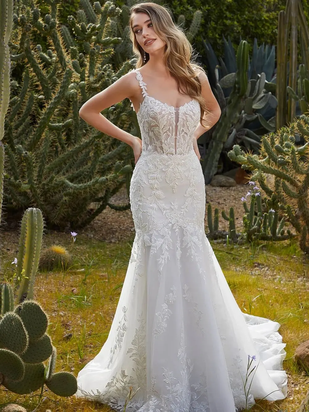 Fitted botanical lace wedding gown with a soft train, part of The Bridal Edit at SNOB in Eccleshall