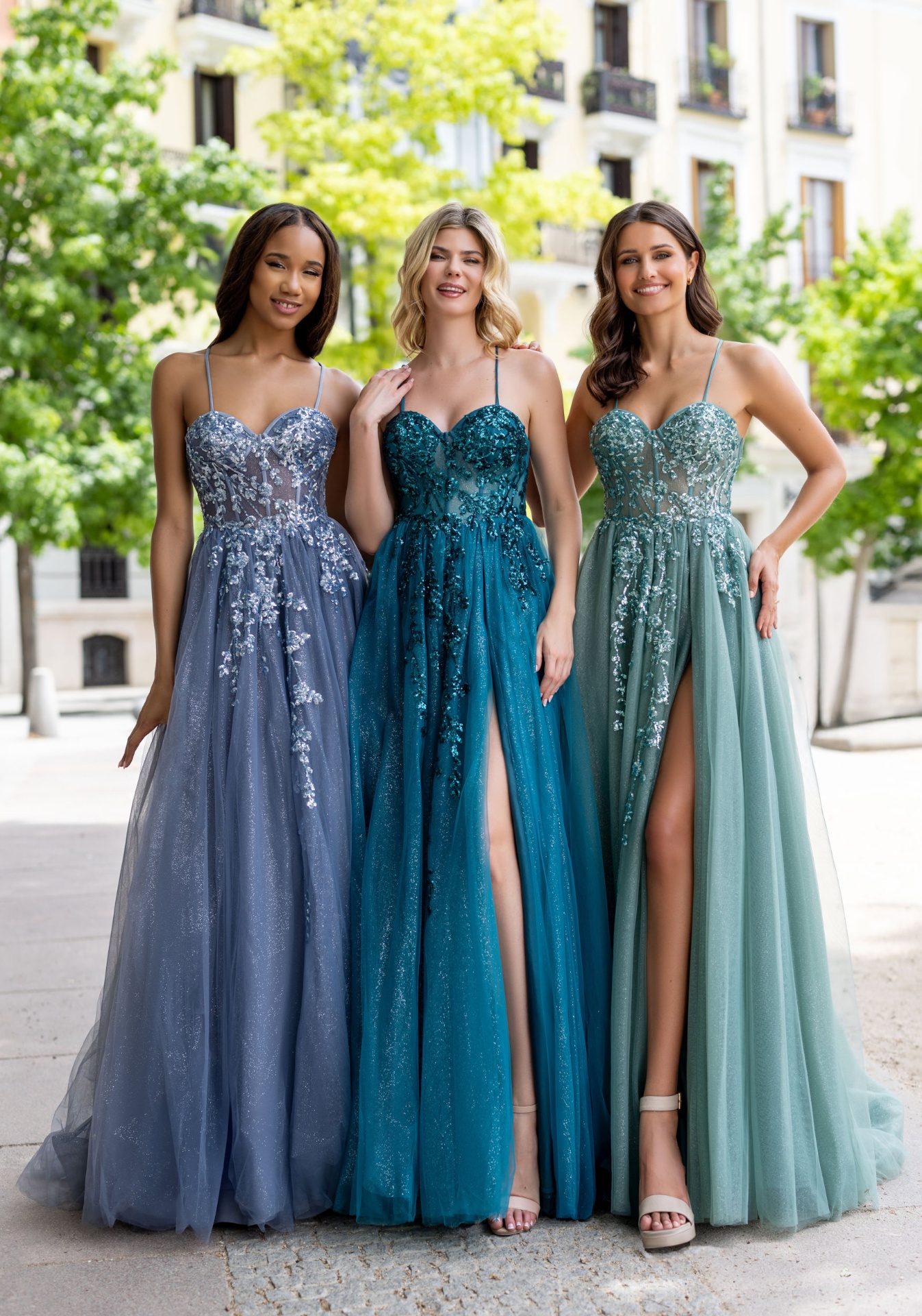 Woman wearing Style 1037 Glitter Sterling Blue evening dress — full-length view
