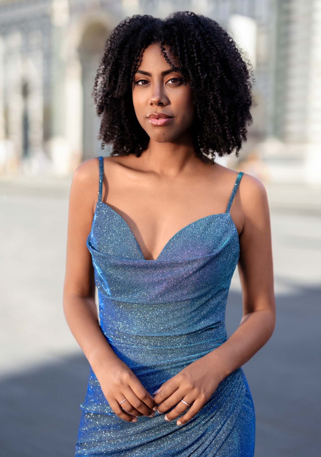 Woman wearing Style 0981 Glitter Blue evening dress — bodice detail