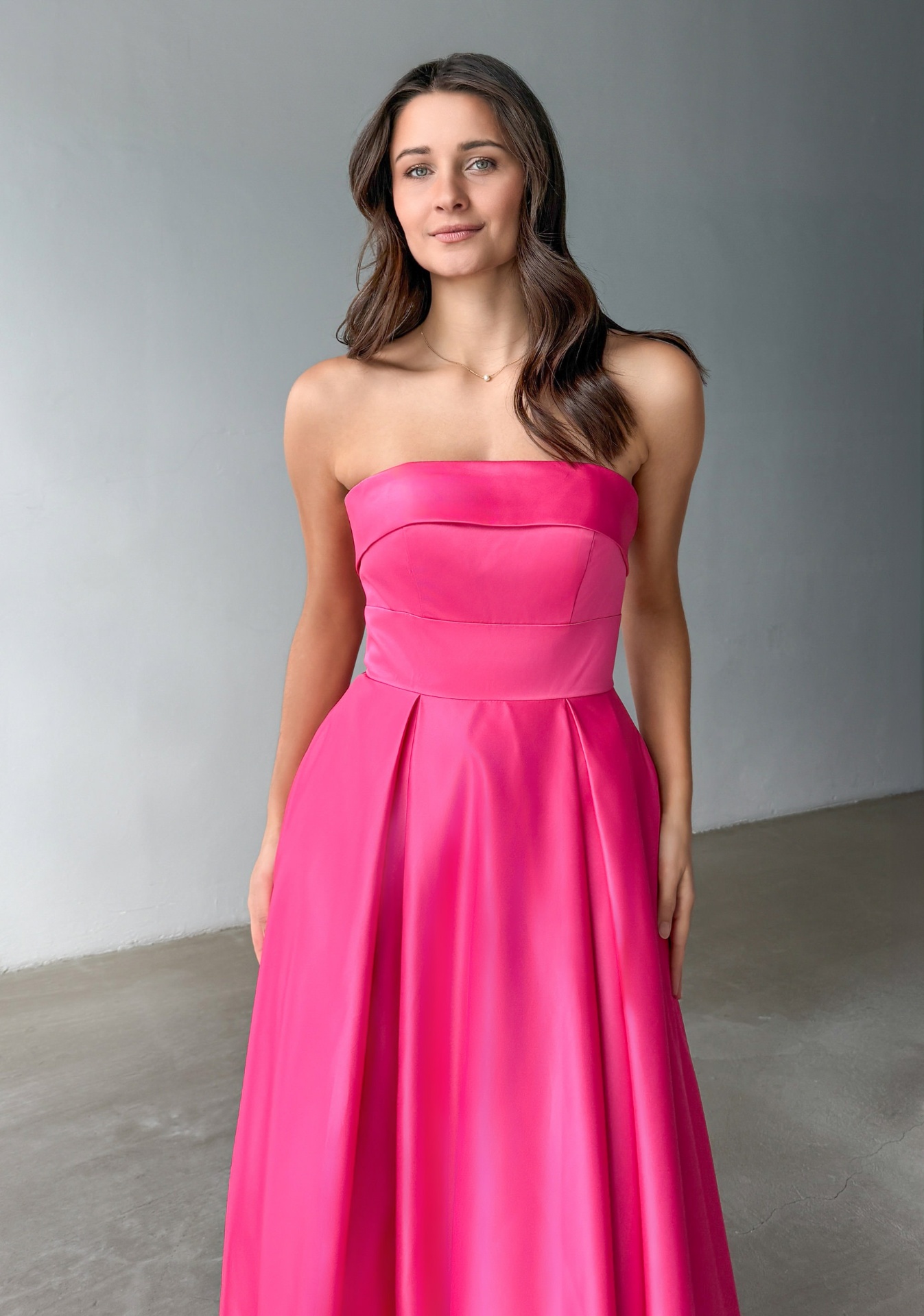 Woman wearing Style 1262 Cosmos Pink evening dress — bodice detail