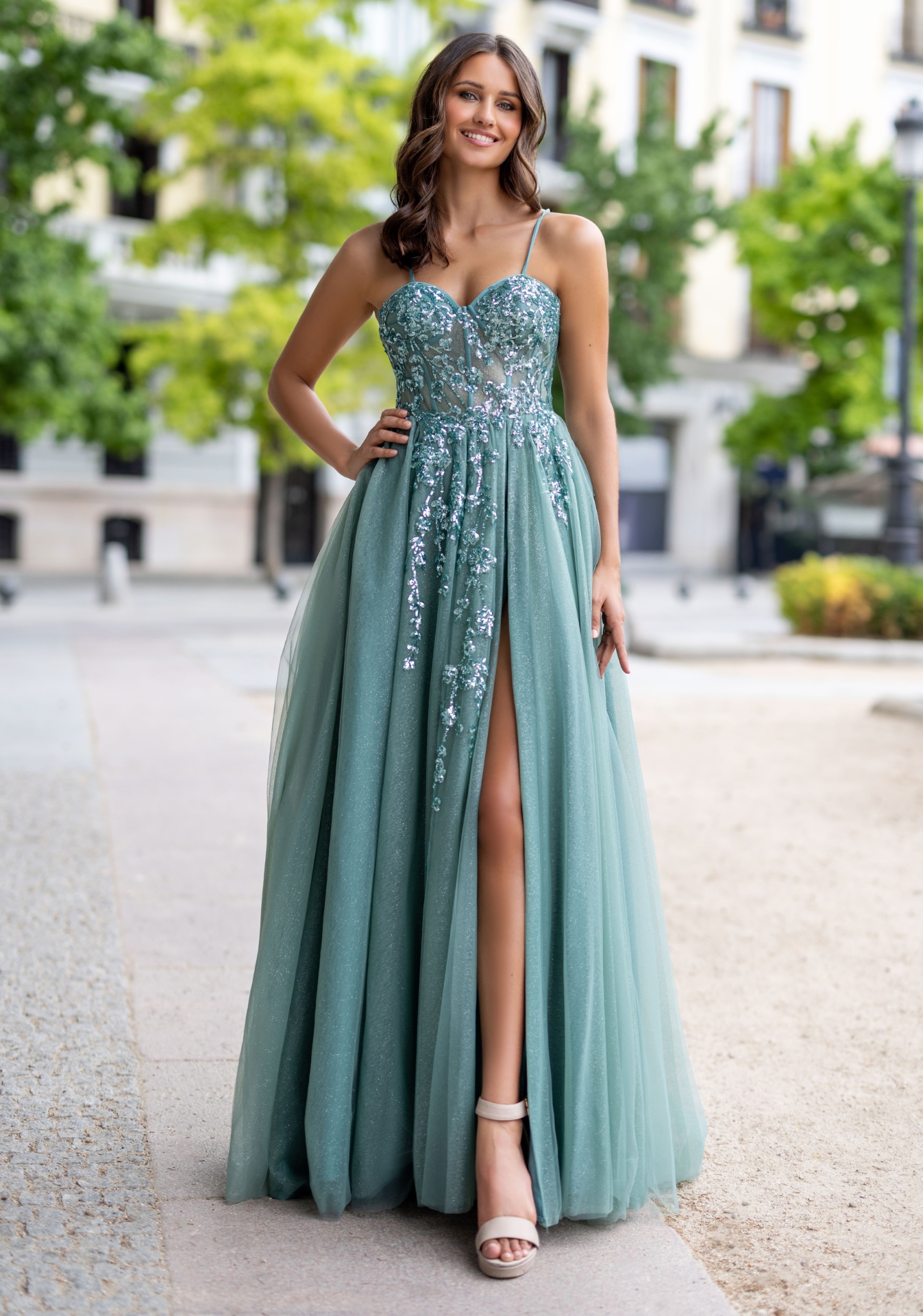 Woman wearing Style 1037 Glitter Sterling Blue evening dress