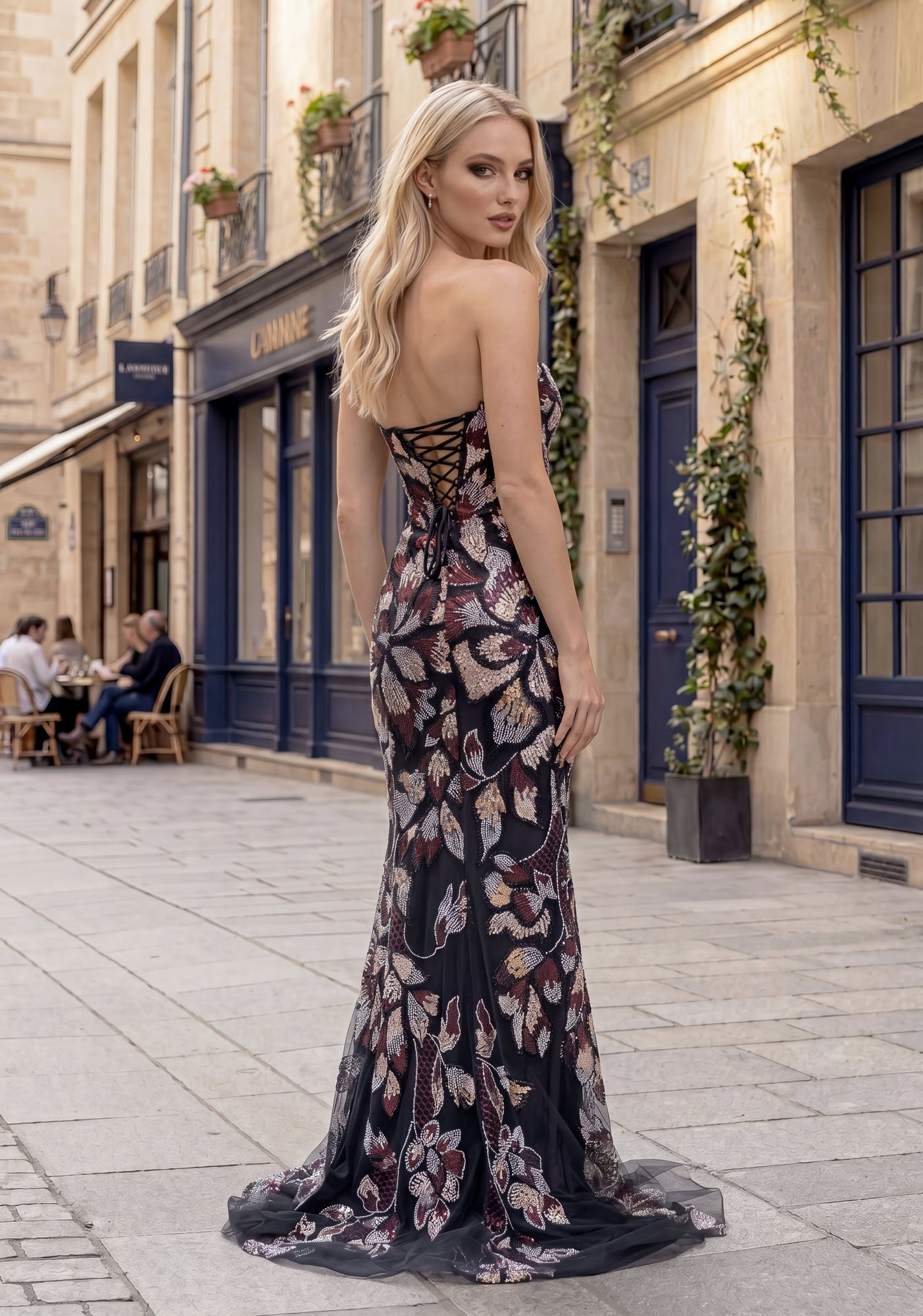 Woman wearing Style 1199 Phantom Black evening dress — back view