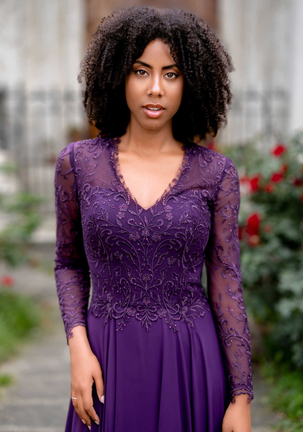 Woman wearing Style 1029 Blackberry Purple evening dress — bodice detail