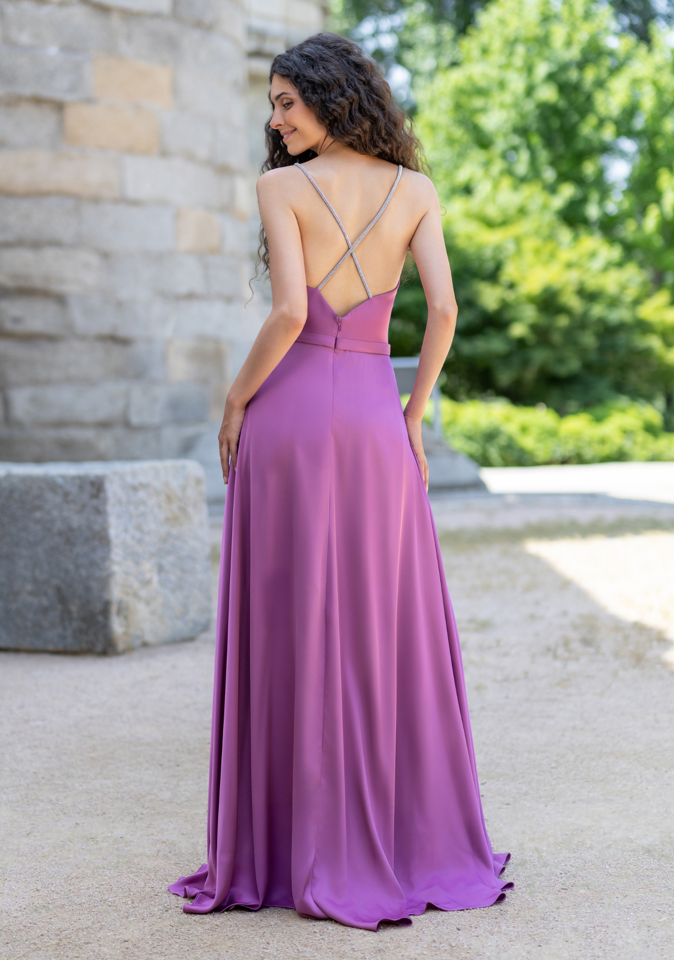 Woman wearing Style 5141 Anemone Purple evening dress — bodice detail