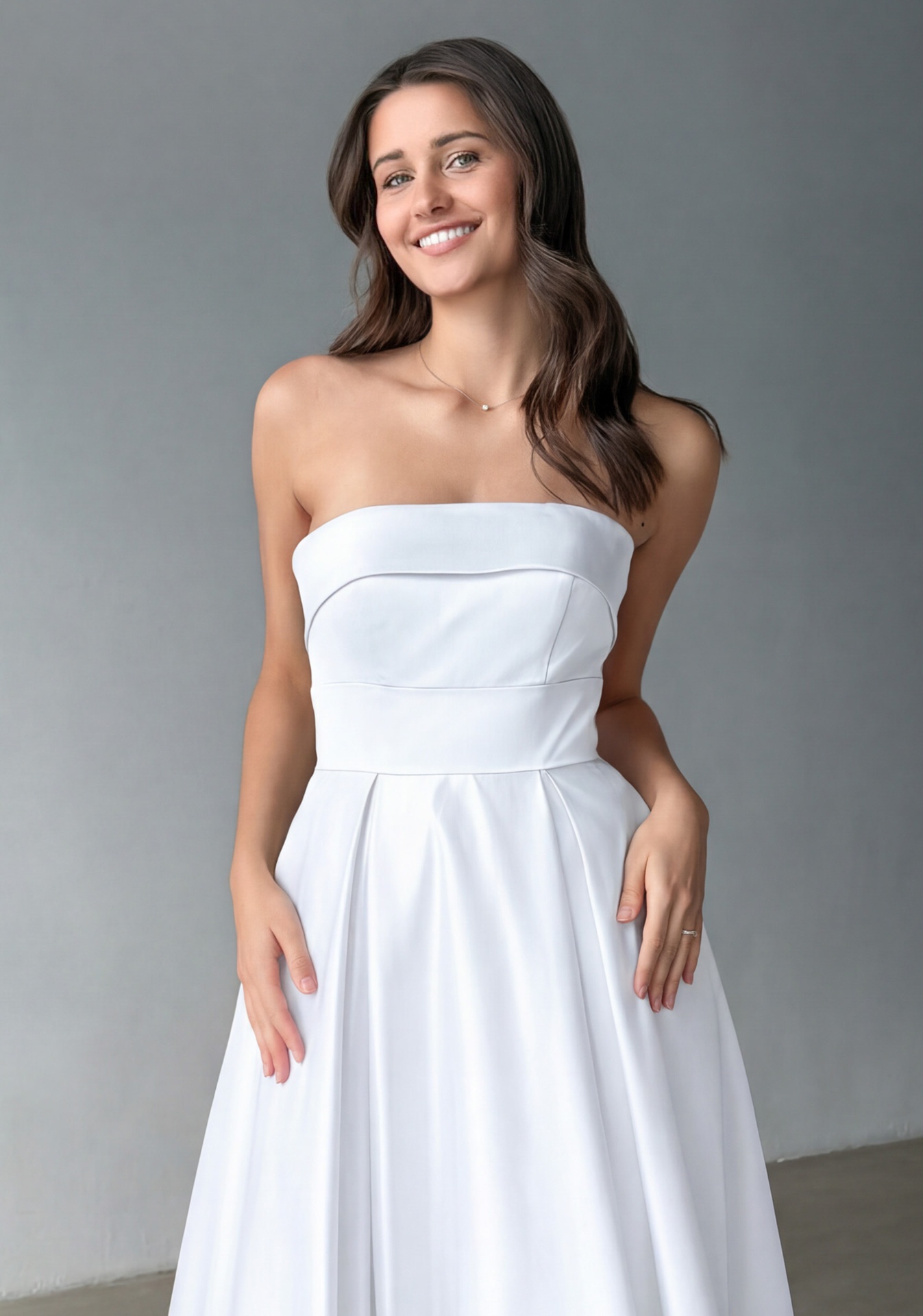 Woman wearing Style 1262 Snow White evening dress — bodice detail