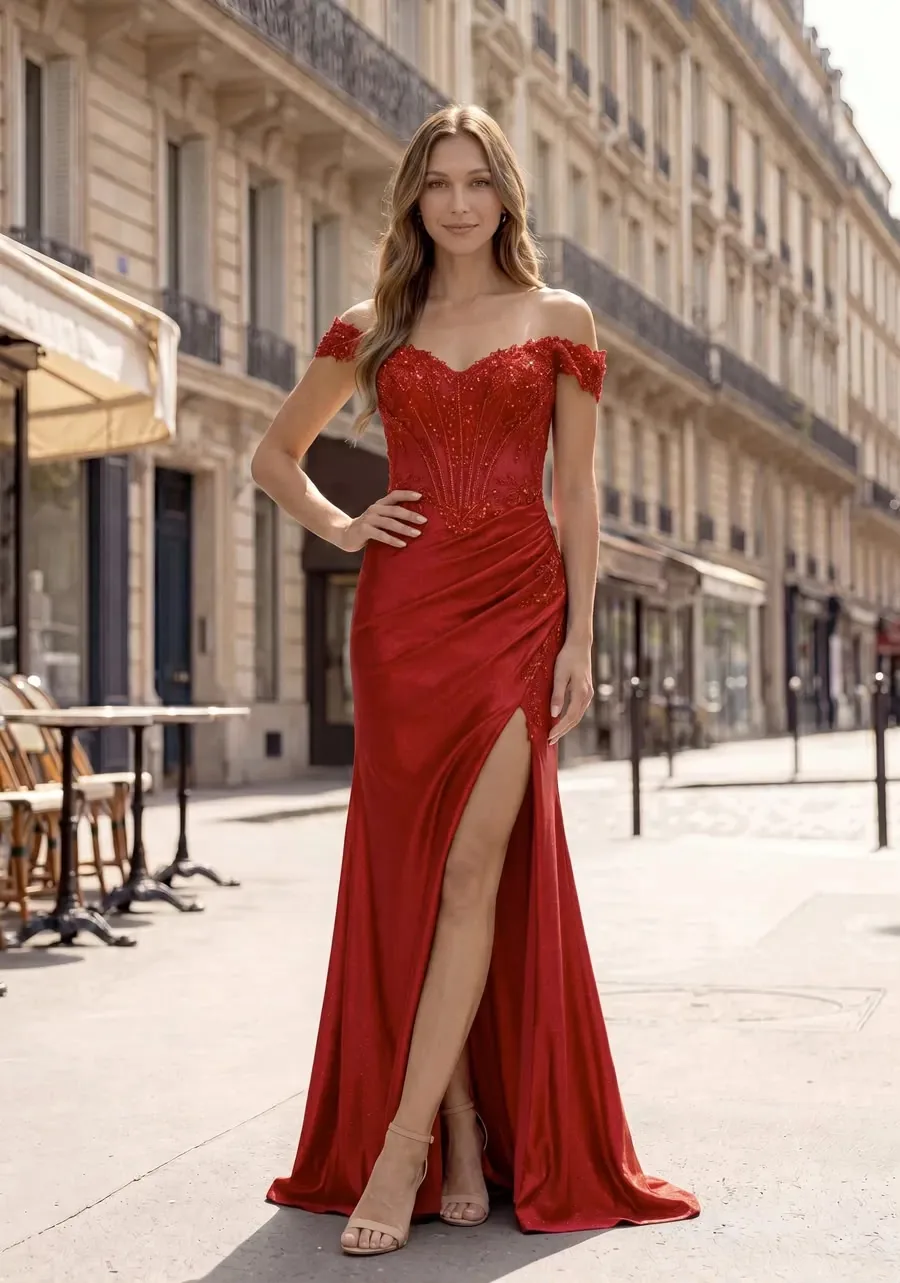 Deep red off-shoulder fitted evening gown featured for Prom Week at SNOB, Eccleshall