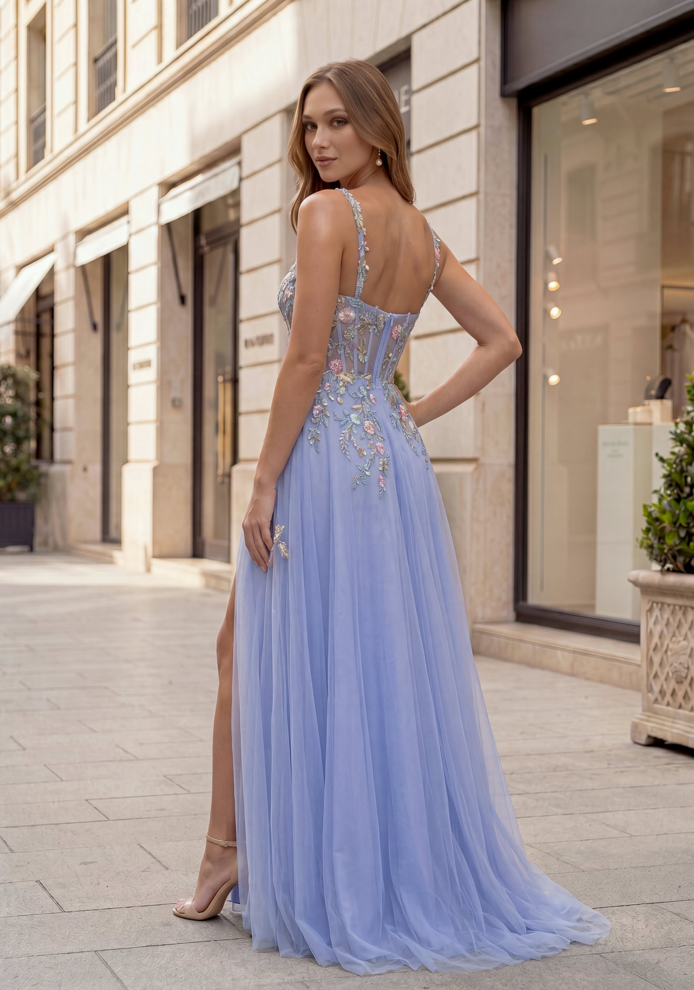 Woman wearing Style 1197 Ashley Blue evening dress — back view